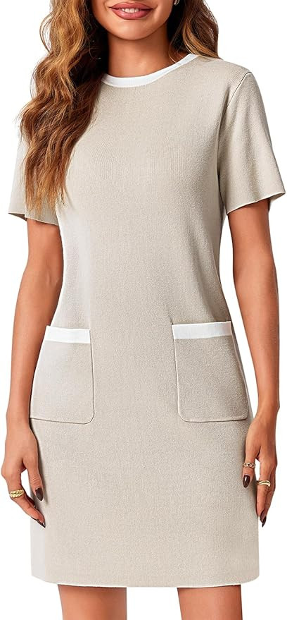 Wenrine Womens Work Dress Business Casual Contrast Color Elegant Short Sleeve Knit Summer Mini Dr... | Amazon (US)