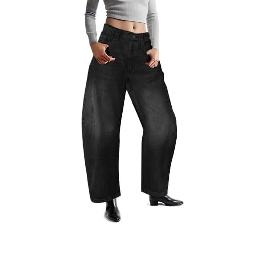 UAGVB Barrel Jeans Women Mid Rise Barrel Jeans for Women Y2k Jeans Wide Leg Baggy Jeans Stretch Fabric XXL Black | Amazon (US)