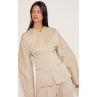 Sand Premium Woven Tailored Collarless Blazer, Sand | PrettyLittleThing IE