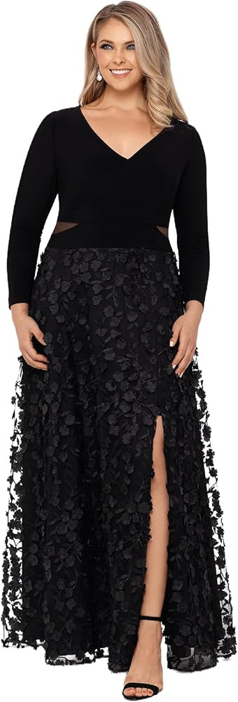 Xscape Women's Plus Size Long Sleeve V-Neck Floral Skirted Dress | Amazon (US)