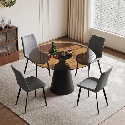 35" Gray Mid-Century Modern 5-Piece Round Dining Table Set with 4 Upholstered Ergonomic Chairs, Ideal for Kitchen or Apartment -3irtyhousy | Target