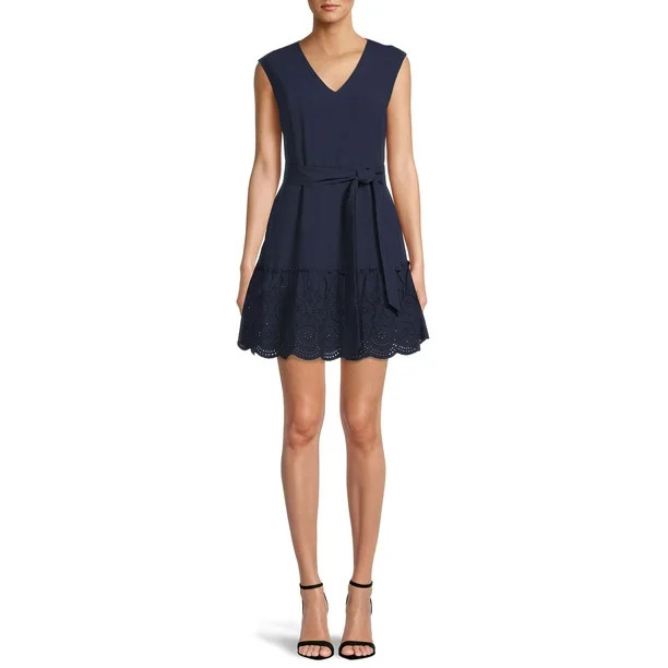 Time and Tru Women's Short Sleeve Eyelet Ruffle Dress with Belt - Walmart.com | Walmart (US)