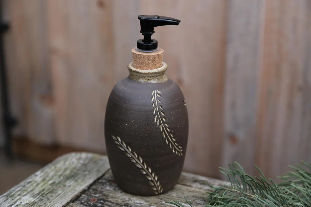 Soap Dispenser: Hand Carved Ceramic Brown Pottery Lotion Sanitizer Cork Beige Cream Rustic Stonew... | Etsy (US)