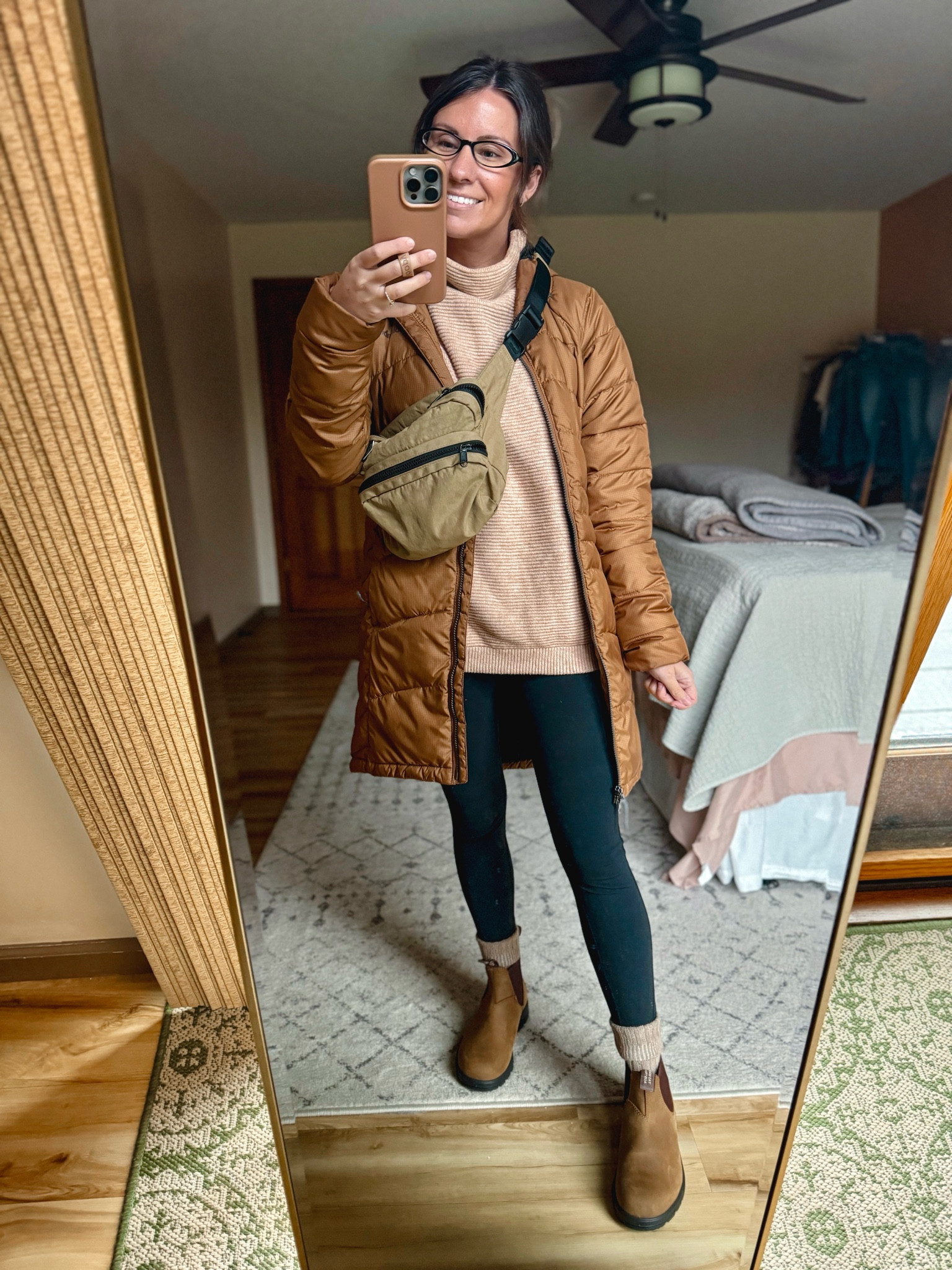 Wearing size small/medium in the linen color in this sweater (also comes in black, grey and cream). I’ve had it for a few years and really like the structure of it. Wearing size xs in my leggings and size xs in my coat. 
My coat is a few years old and still available in other colors but not this one. I linked it and  a couple similar options. My blundstone boots are almost sold out in this color (crazy horse/saddle brown) so I linked similar and the other pair of blundstone boots I own as well. My baggu belt bag is also sold out in this color so I linked similar colors. 

#LTKFindsUnder50 #LTKFindsUnder100 #LTKSeasonal