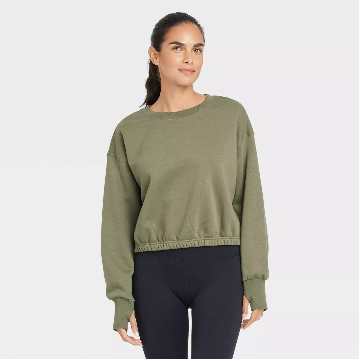 Women's Fleece Cropped Crewneck Pullover Sweatshirt - JoyLab™ Olive Green XS | Target
