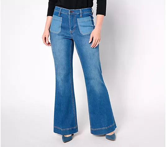 Peace Love World Petite Patch Pocket Flare Jeans - Denim - QVC.com | QVC