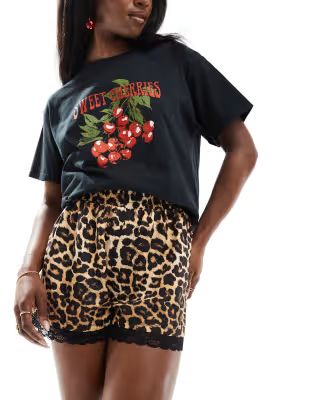 ASOS DESIGN leopard shorts with lace detail in black | ASOS | ASOS (Global)