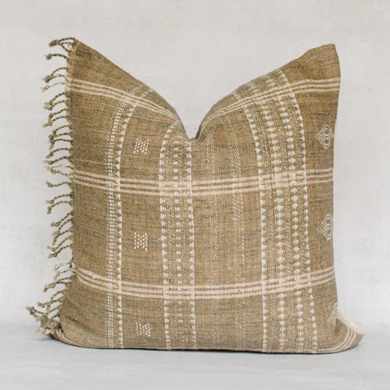 Indian Wool Throw Pillow Cover | 20 in X 20 in | Fringed Pillow | Beige Throw Pillow | Olive Gree... | Etsy (US)