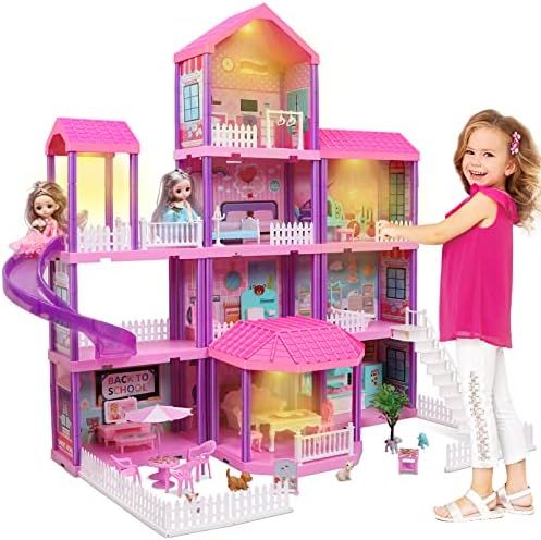Doll House, Dollhouse w/ Furniture - Pink / Purple Girl Toys | 4 Stories, 11 Rooms w/ 2 Princesse... | Amazon (US)