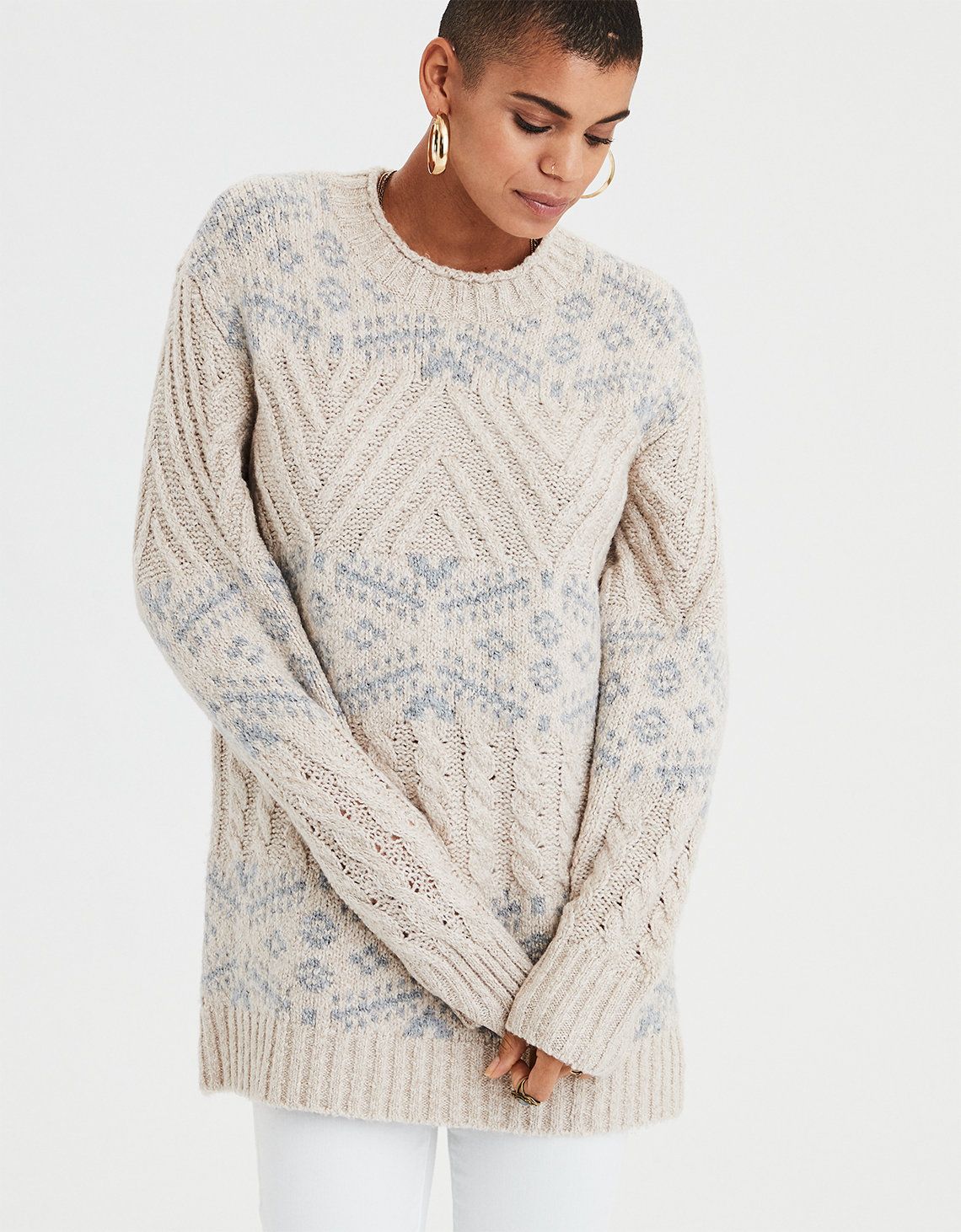 AE Oversized Patterned Pullover, Oatmeal | American Eagle Outfitters (US & CA)