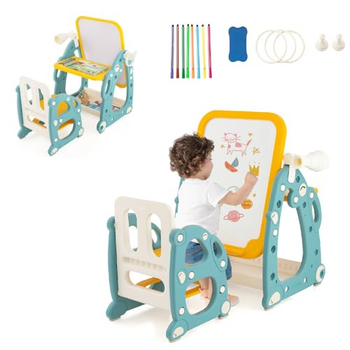 Costzon 4 in 1 Kids Art Easel, Kids Table and Chair Set with Adjustable Whiteboard, Desktop, Markers, Ring Toss, Telescope for Drawing, Writing, Playing, Easel for Toddlers | Amazon (US)