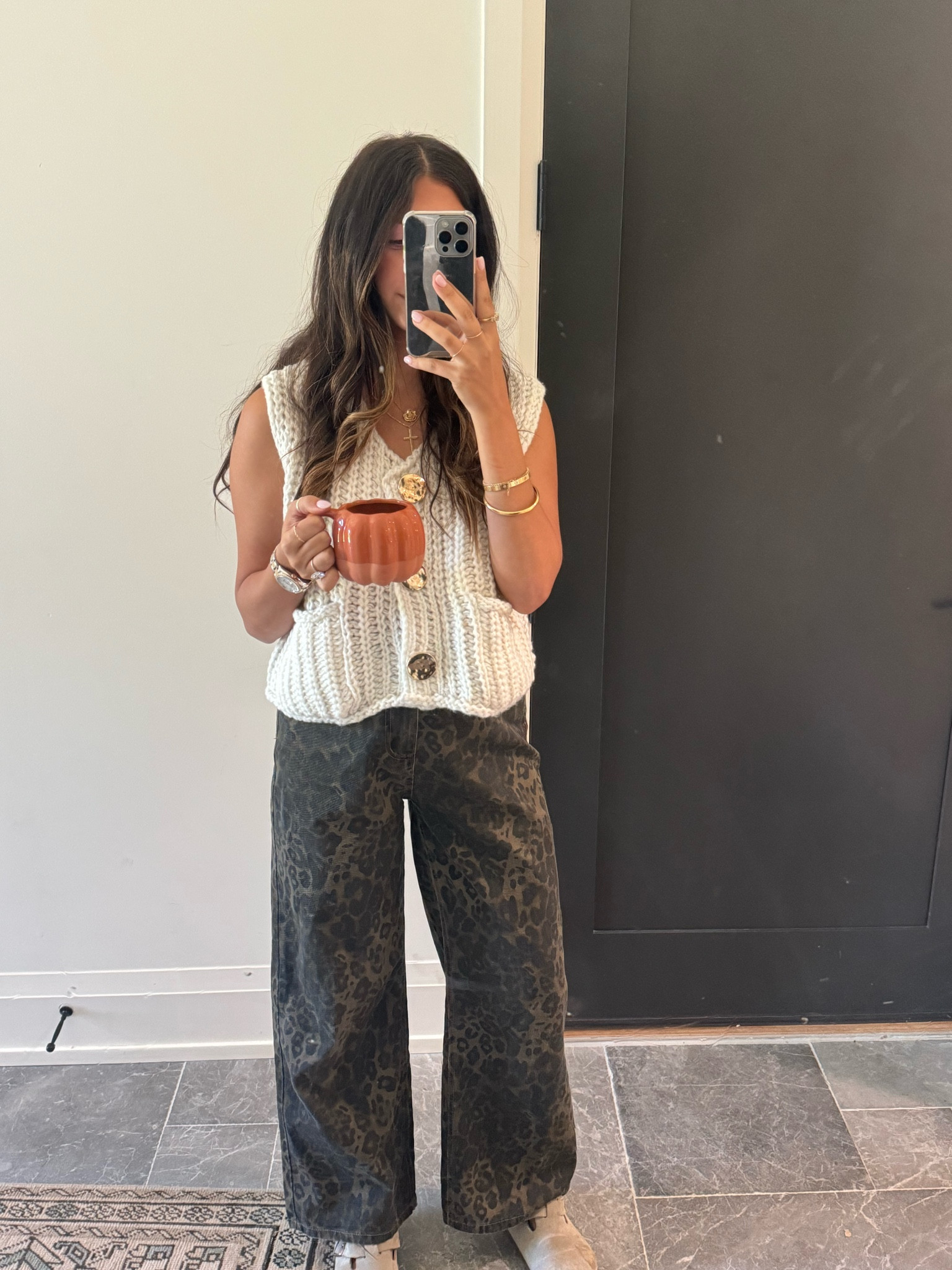 Vest: small, have in a couple colors now! 

Jeans: medium, great affordable options of leopard jeans. Loose/baggy fit