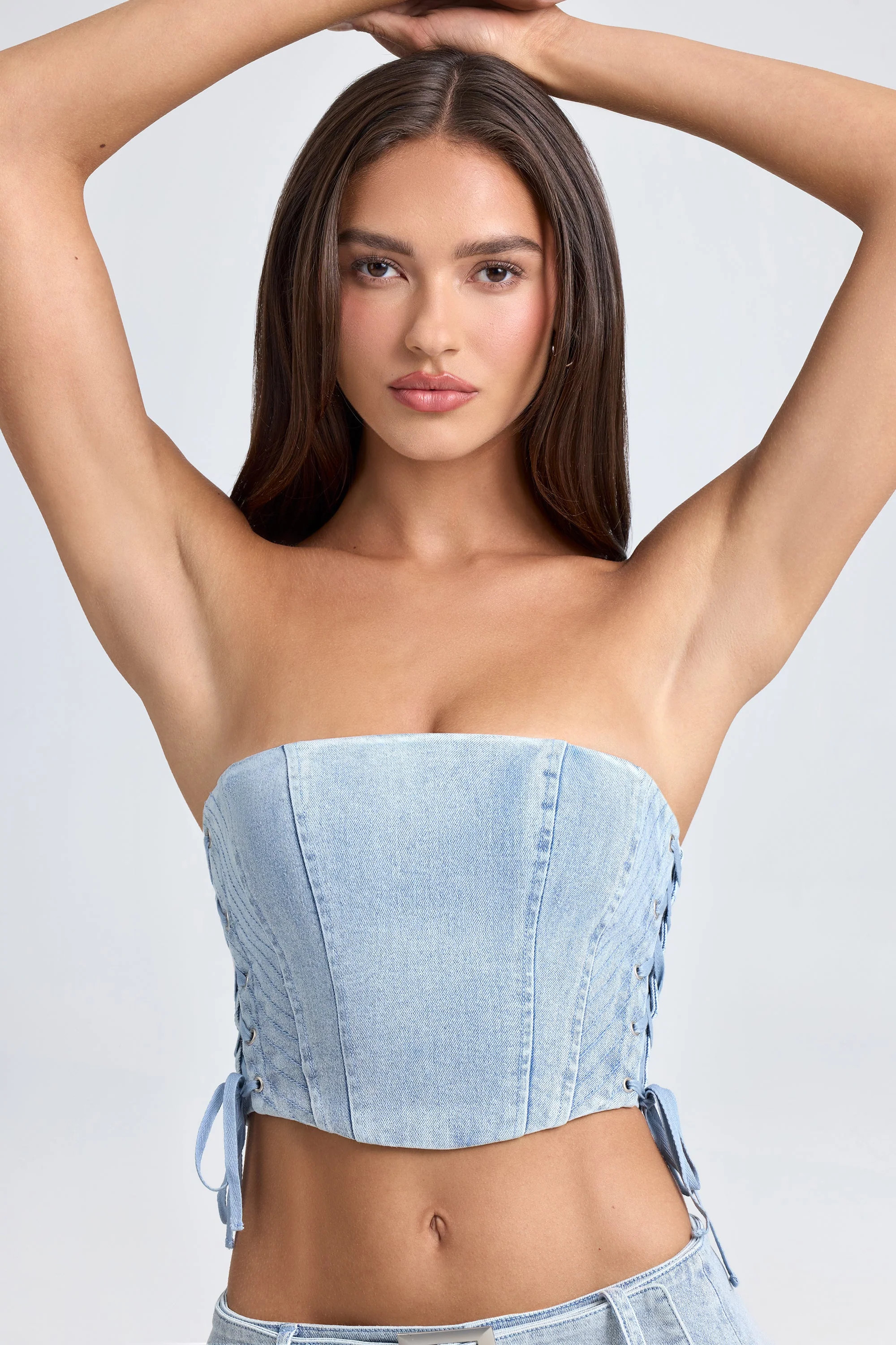 Bandeau Lace-Up Corset Crop Top in Light Blue Stonewash | Oh Polly