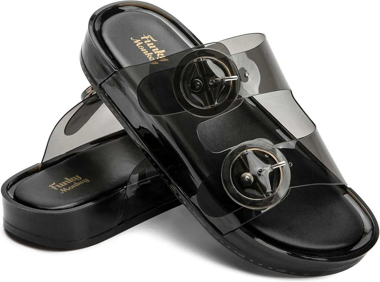 FUNKYMONKEY Women's Comfort Slides Double Buckle Adjustable Plastics Flat Sandals | Amazon (US)