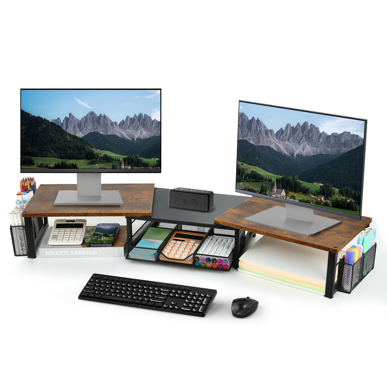 Desk Dual Monitor Stand Riser - Desk Organizer with Drawer and Pen Holders, Office Desk Accessori... | Amazon (US)