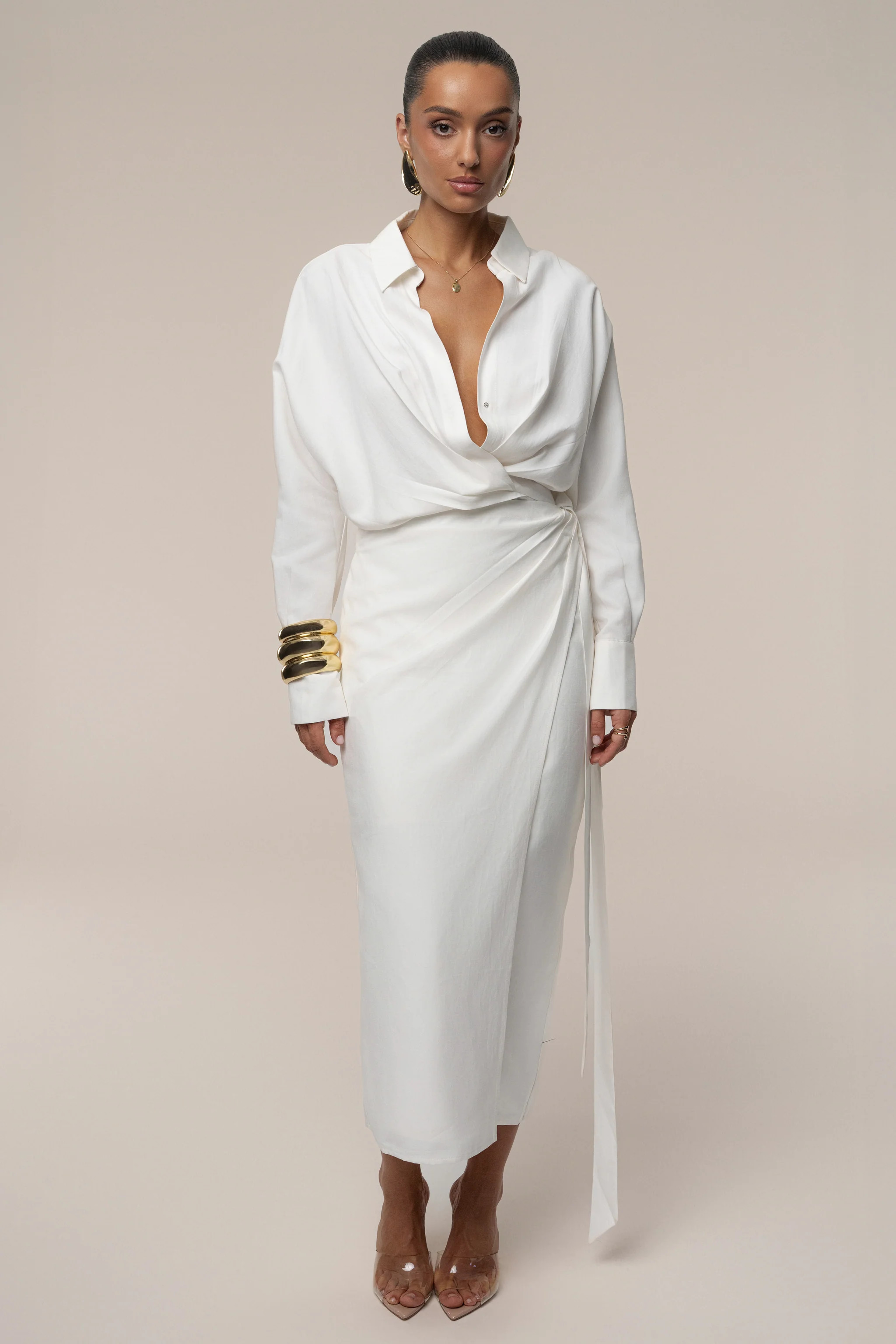 Ivory Skyline Wrap Midi Dress | JLUXLABEL