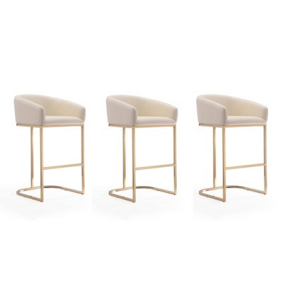 Set of 3 Louvre Upholstered Stainless Steel Barstools Cream: Faux Leather, High, Gold Base - Manhattan Comfort | Target