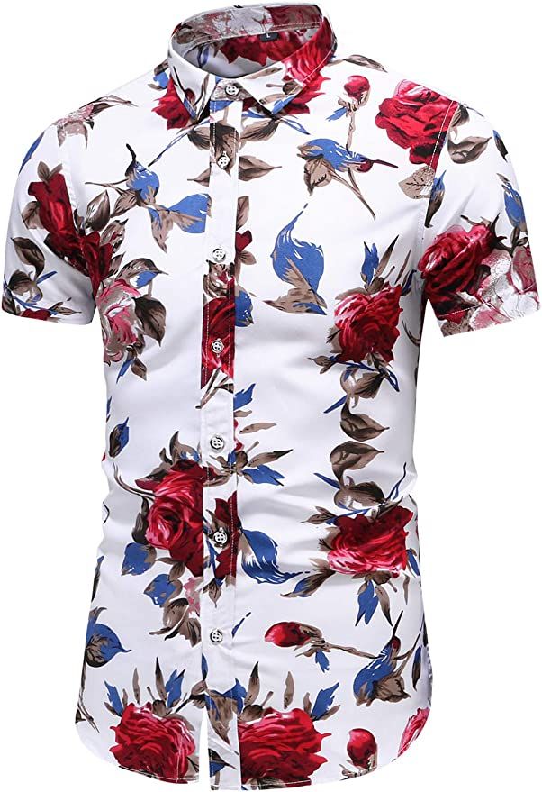 LEFTGU Men's Slim fit Floral Printed Beach Hawaiian Button-Down Dress Shirt | Amazon (US)