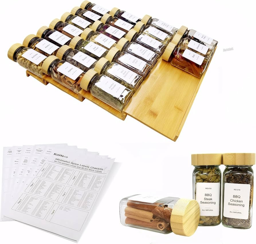 Spice Drawer Organizer with 24 Bamboo-lidded Spice Jars and 216 Labels,Non-slip Rubber, Bamboo 4 ... | Amazon (US)