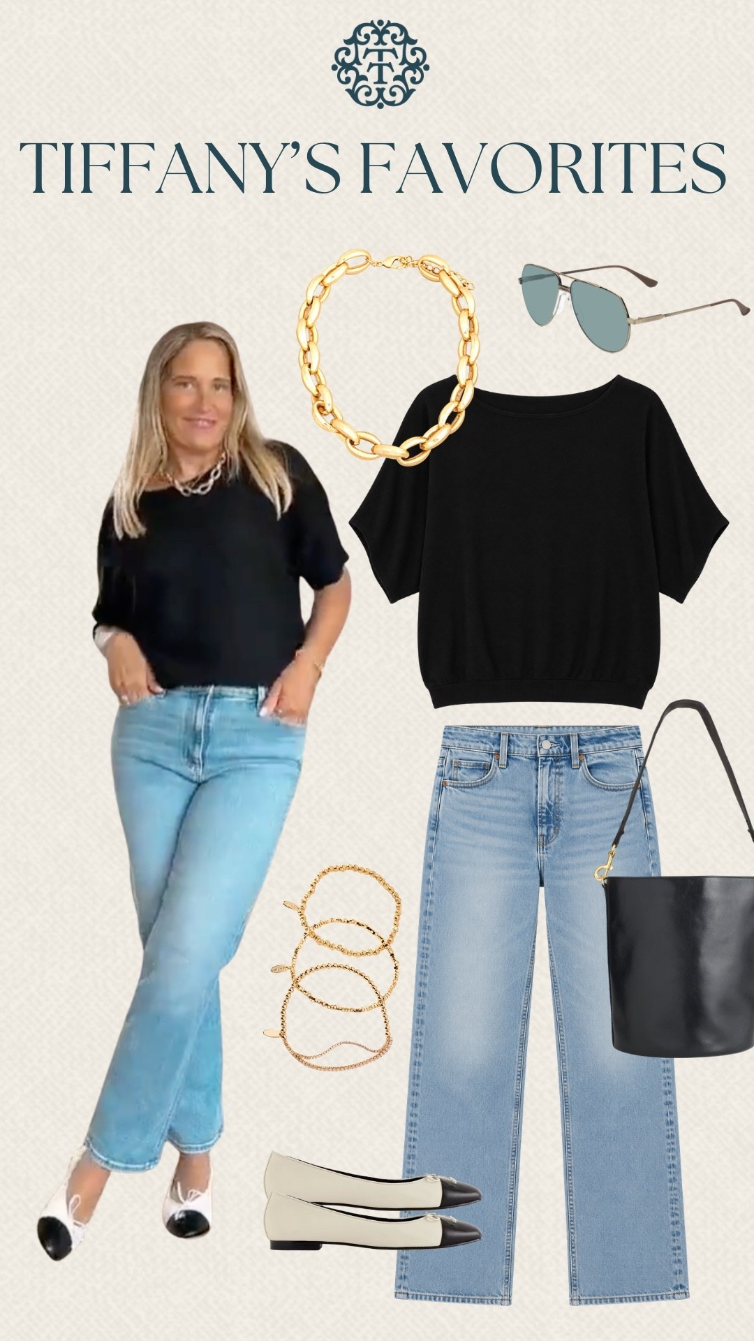 Tiffany’s Favorites are all about keeping things classic with a black top from Quince and light-wash jeans. A black Madewell bag, gold jewelry, and two-tone flats add the perfect finishing touches. We’d wear this for a day of shopping, lunch with friends, or running around town.

#LTKSeasonal #LTKOver40 #LTKMidsize