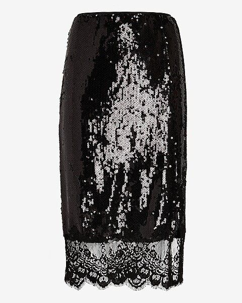 High Waisted Lace Trim Sequin Midi Skirt | Express