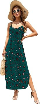 HUSKARY Women's Summer Casual Sleeveless V Neck Strappy Split Loose Dress Beach Cover Up Long Cam... | Amazon (US)