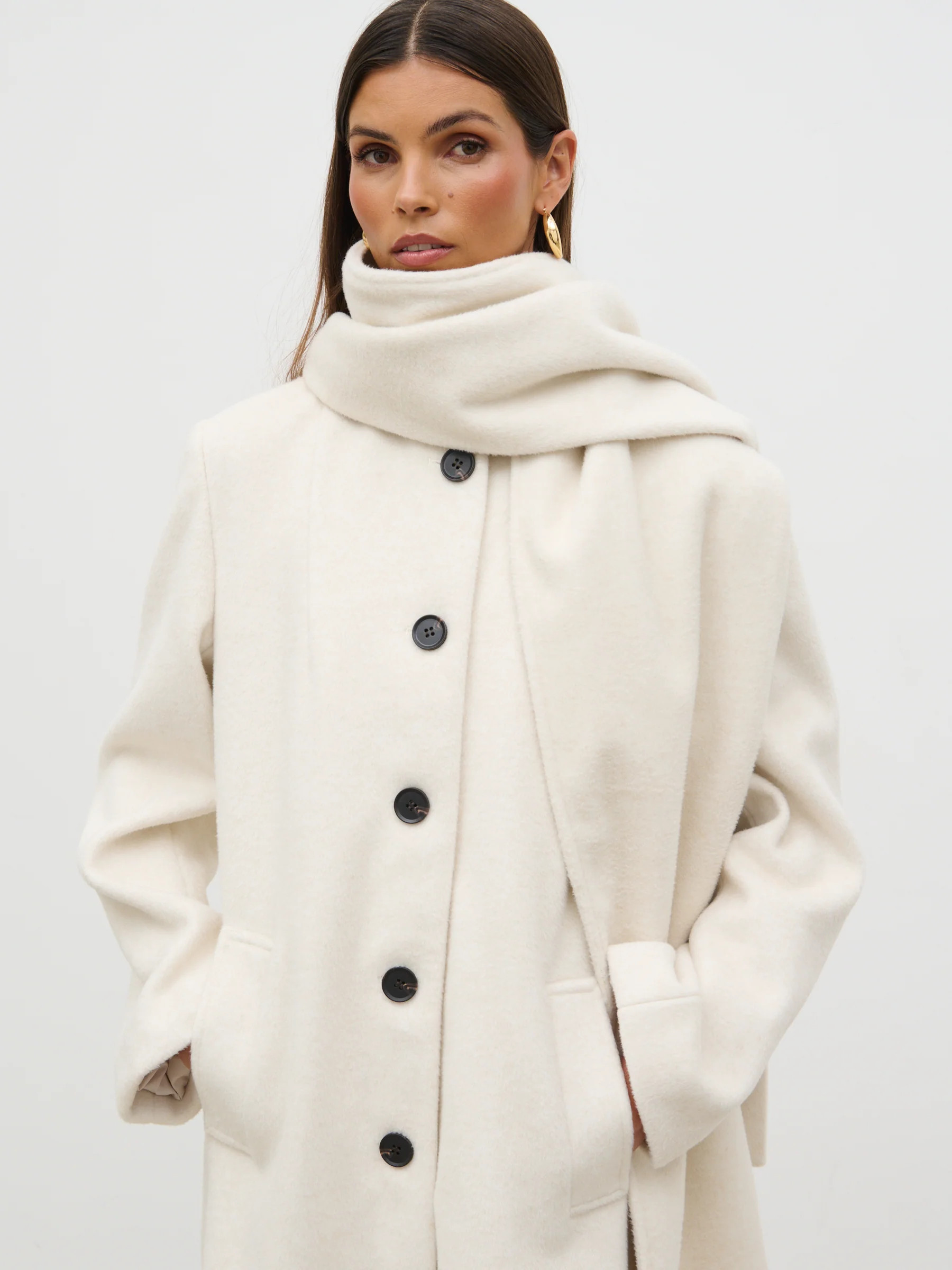 Ari Collarless Coat with Scarf - Cream | Pretty Lavish (UK)