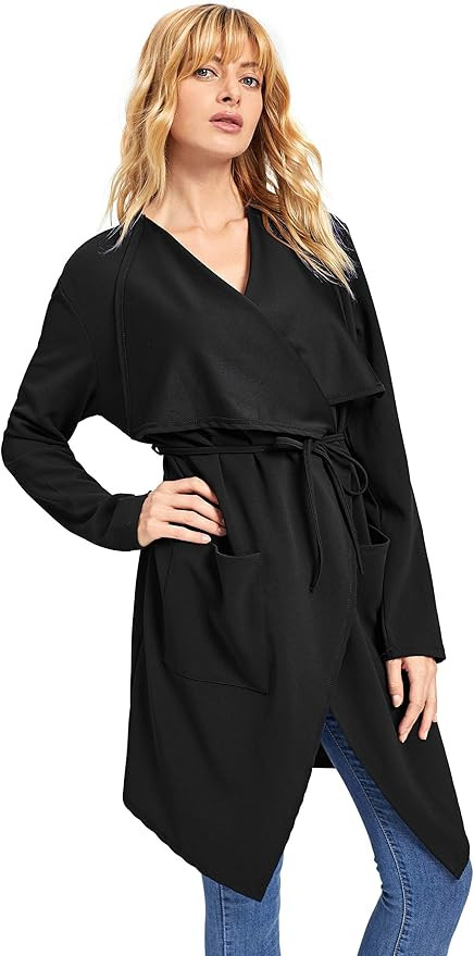 Amazon.com: ROMWE Women's Waterfall Collar Long Sleeve Wrap Trench Coat Duster Cardigan Jacket Pe... | Amazon (US)
