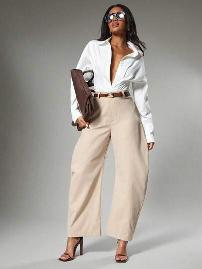 Hauture Women's Basic Casual Solid Asymmetrical Waist Oversized Barrel Pants | SHEIN