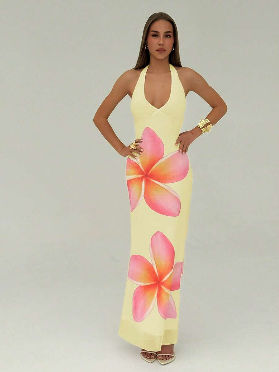 Aloruh Women's Sexy Floral Print Open Back Halter Maxi Dress For Summer,Bohemian Clothes | SHEIN
