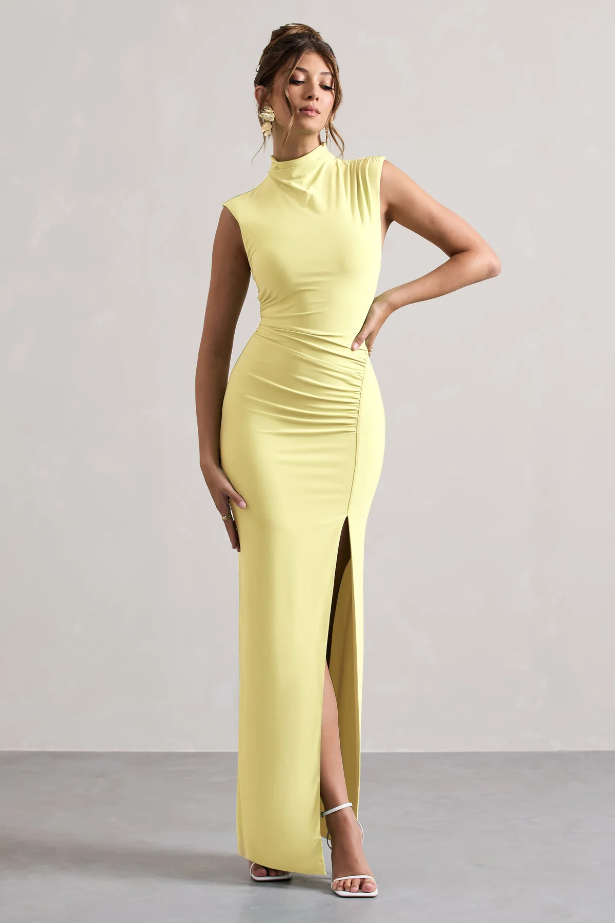 Lanetta | Lemon Ruched High-Neck Maxi Dress With Split | Club L London