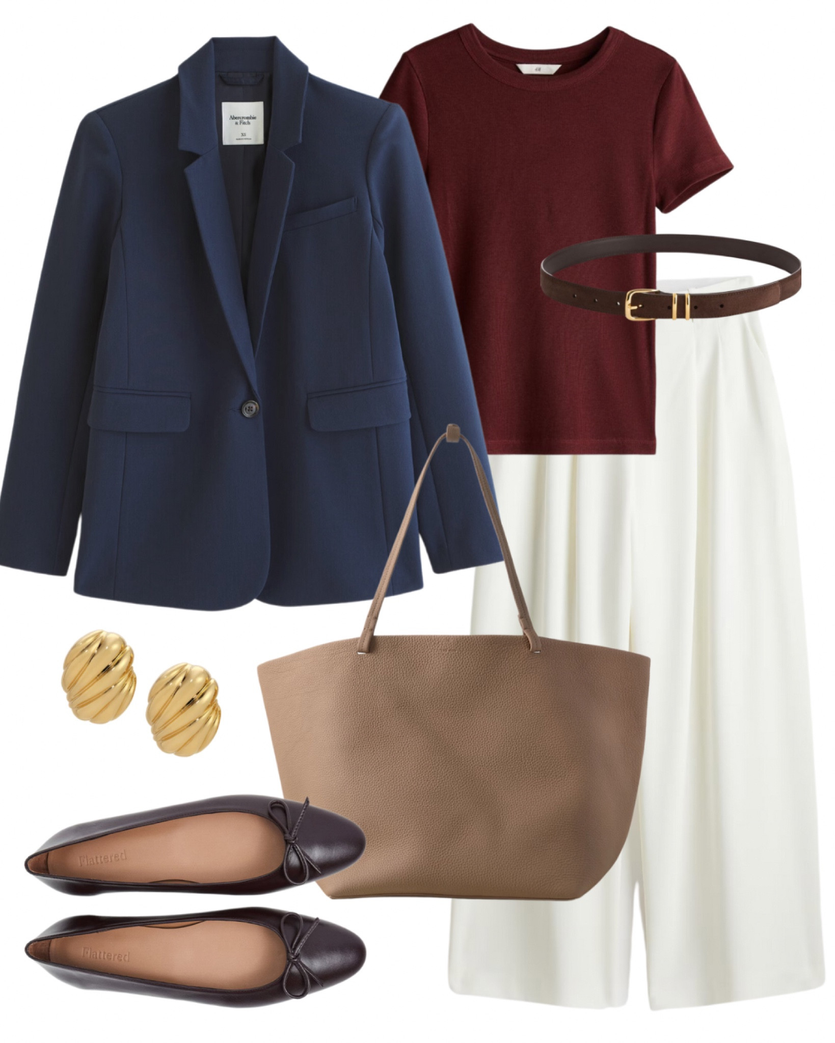 Navy blazer styling, burgundy t-shirt, white wide leg trousers, ballet flats, neutral tote bag 

#LTKStyleTip #LTKSeasonal #LTKOver40