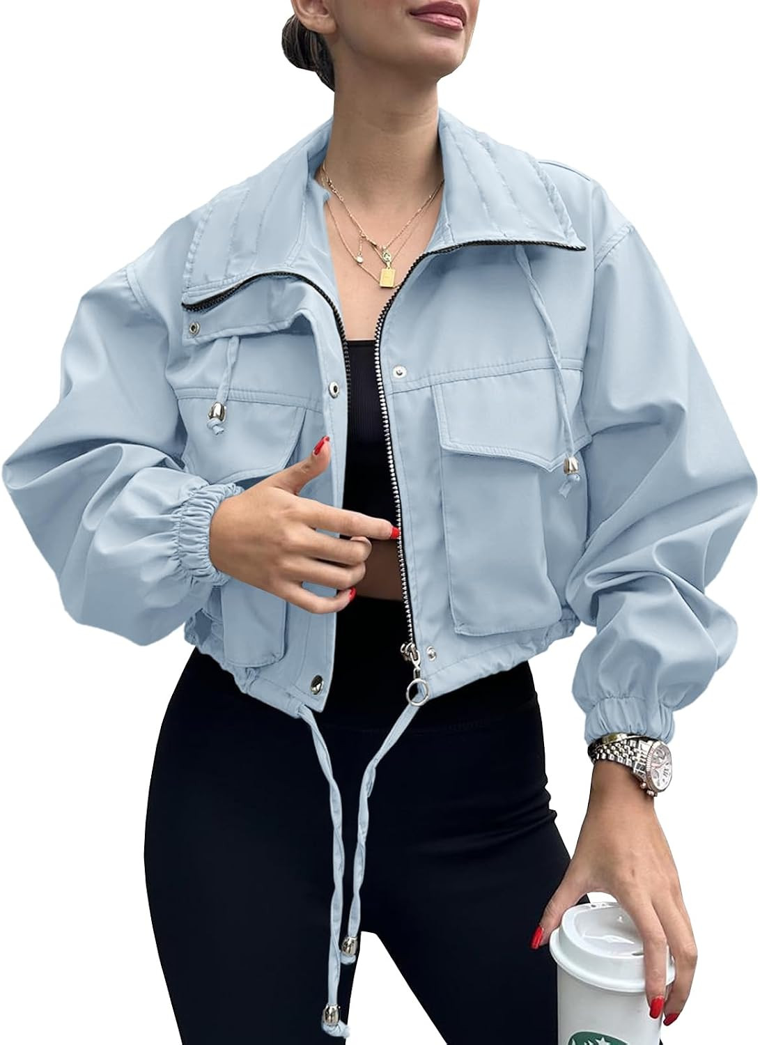 Tankaneo Womens Cropped Jacket Zip Up Lightweight Oversized Utility Anorak | Amazon (US)