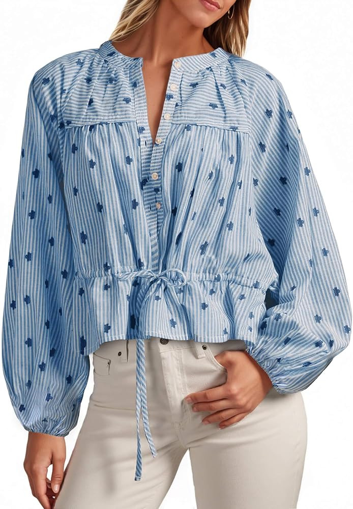 Tankaneo Womens Striped Cropped Button Down Shirts Puff Long Sleeve Peplum Tops Drawstring Waist ... | Amazon (US)