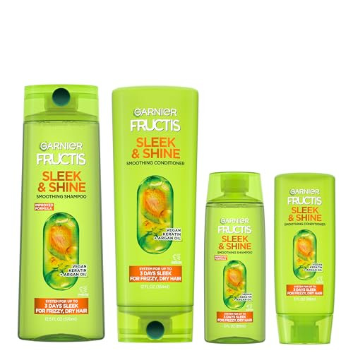 Garnier Fructis Sleek & Shine Full + Travel Size Shampoo (12.5 & 3 Fl Oz) + Conditioner (12 & 3 Fl Oz) Set for Frizzy, Dry Hair, Plant Keratin + Argan Oil (4 Items), 1 Kit (Packaging May Vary) | Amazon (US)