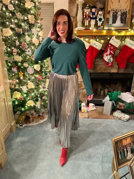 Christmas Outfit Holiday Outfit Holiday Party Green embellished long sleeve top (size small). Silver metallic skirt (size small). Red boots (size 8.5). #holidayparty #holidayoutfit #christmasoutfit #greentop #silverskirt #skirt #metallicskirt #redboots #boots #LTKHoliday Winter Outfit Boots 

#LTKfindsunder100 #LTKstyletip