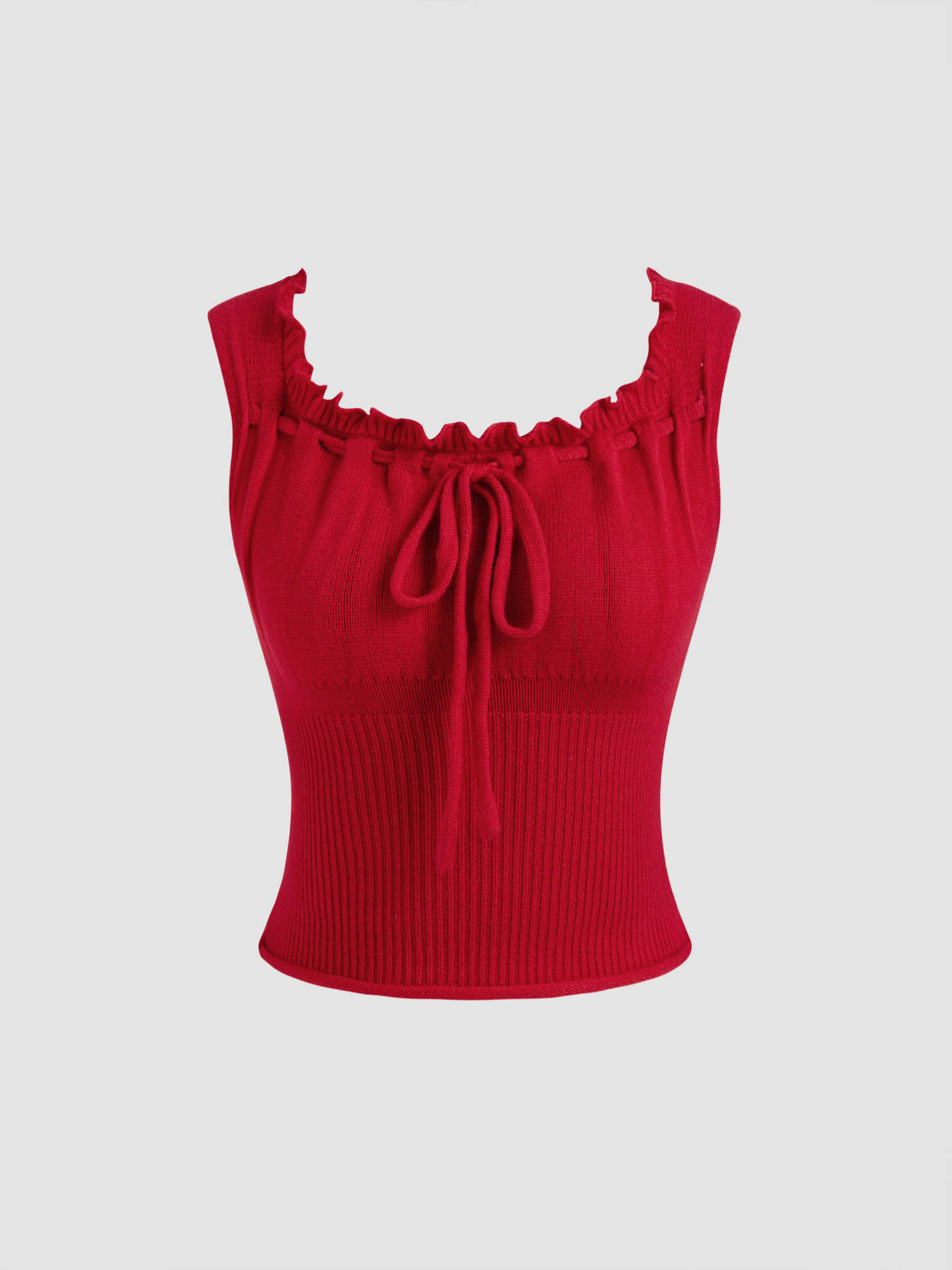 Knit Solid Lettuce Trim Knotted Crop Top... | Cider