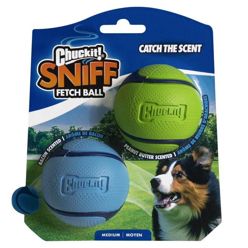 Chuckit! Sniff Fetch Balls Duo Medium Dog Toys, Bacon & Peanut Butter Scented 2 Pack | Pet Superm... | Pet Supermarket