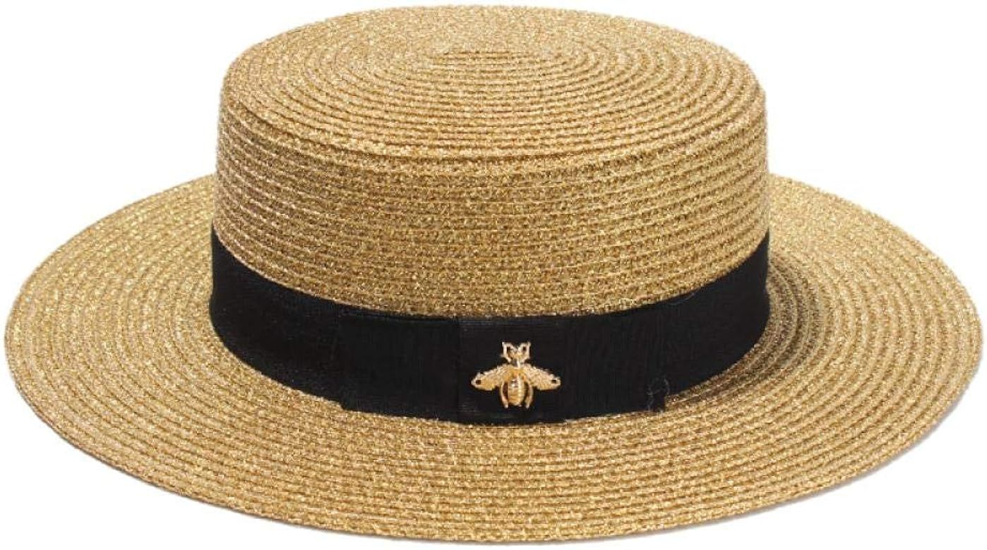 JI Ladies Sun Fedora Hats Small Bee Straw Hat Gold Braided Hat Female Sunshade Flat Cap Visors Hats- | Amazon (UK)