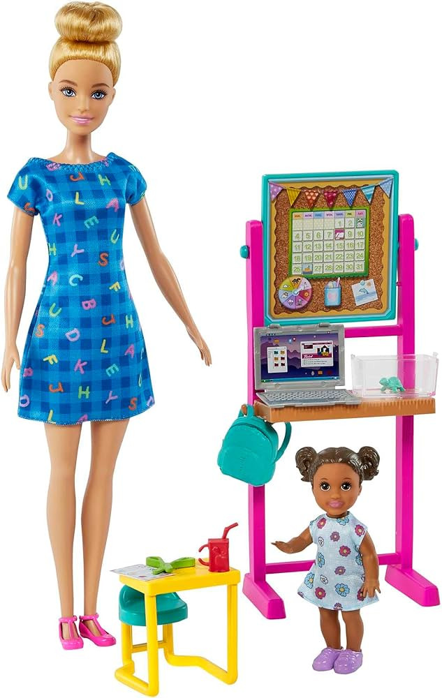 Barbie Teacher Doll (Blonde), Toddler Doll (Brunette), Flip Board, Laptop, Backpack, Toddler Desk... | Amazon (US)