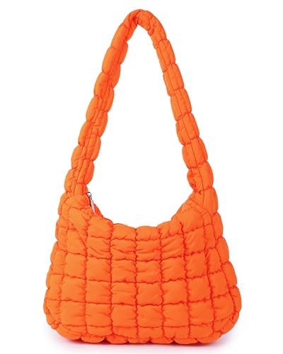 Rejolly Puffer Quilted Shoulder Bag for Women Puffy Bubble Tote Bag Lightweight Nylon Handbag Padded Soft Purse Orange | Amazon (US)