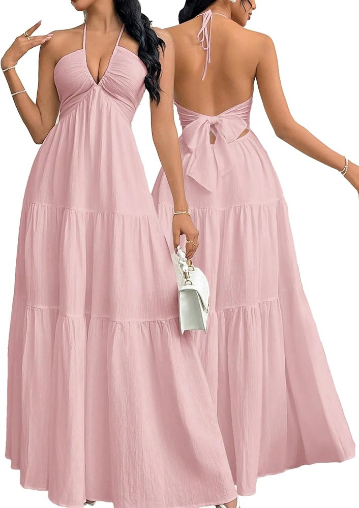 Narecte Women's Maxi Summer Dresses Halter V Neck Beach Dresses for Women A-Line Casual Dress for... | Amazon (US)