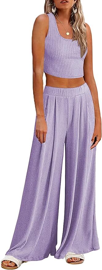 Ekouaer Women's Pajamas 2 Piece Lounge Set Ribbed Knit Loungewear Sleeveless Tank Top Wide Leg Pa... | Amazon (US)