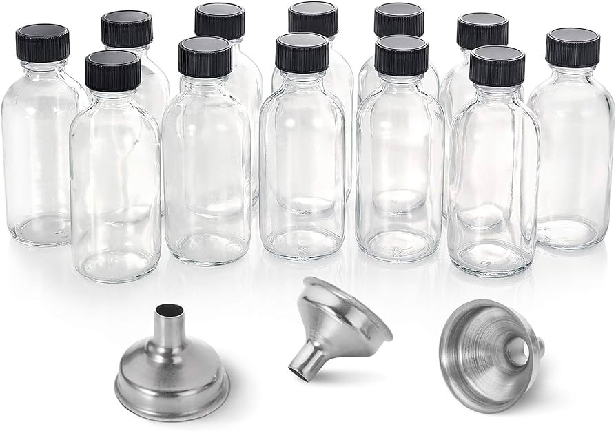 12 Pack, 2 oz Small Clear Glass Bottles w/ Lid & 3 Stainless Steel Funnels - 60ml Boston Sample B... | Amazon (US)