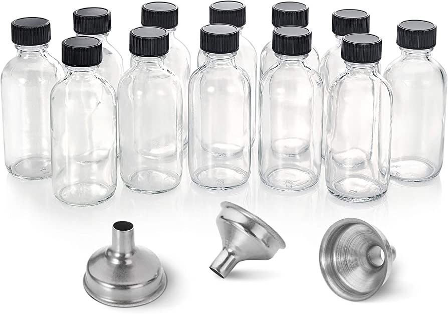 12 Pack, 2 oz Small Clear Glass Bottles with Lids & 3 Stainless Steel Funnels - 60ml Boston Sampl... | Amazon (US)