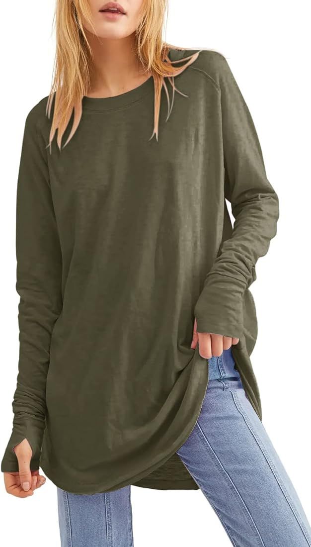 Fisoew Women's Casual Long Sleeve Tops Crew Neck Round Hem Loose T-Shirts Tunic Tops with Thumb Hole | Amazon (US)