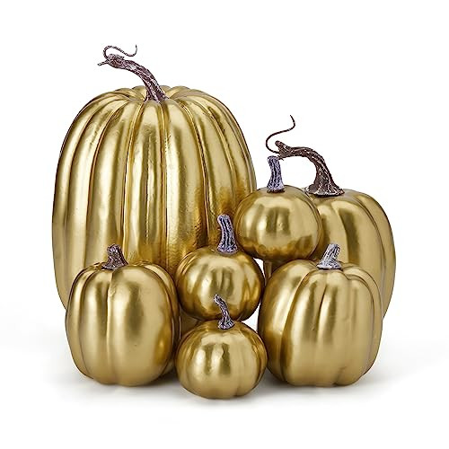 7 Pcs Assorted Sizes Fall Artificial Pumpkins Harvest Pumpkins Faux Foam Pumpkins for Fall Autumn Halloween Thanksgiving Harvest Holiday Festive Tabletop Decoration (Gold) | Amazon (US)
