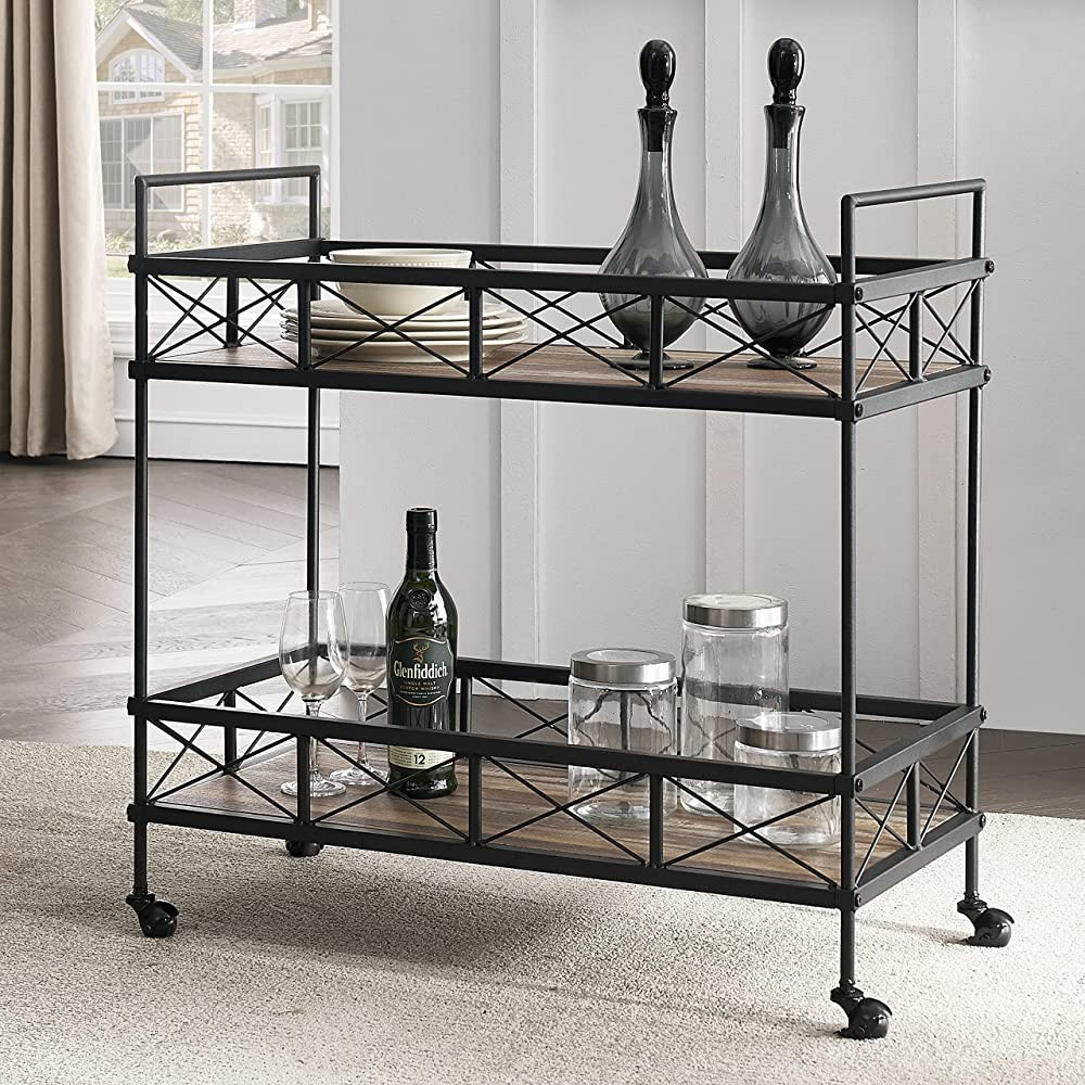 O&K FURNITURE Industrial Bar Serving Cart, Kitchen Storage Cart, 2-Tier Rectangular Rolling Bar C... | Amazon (US)