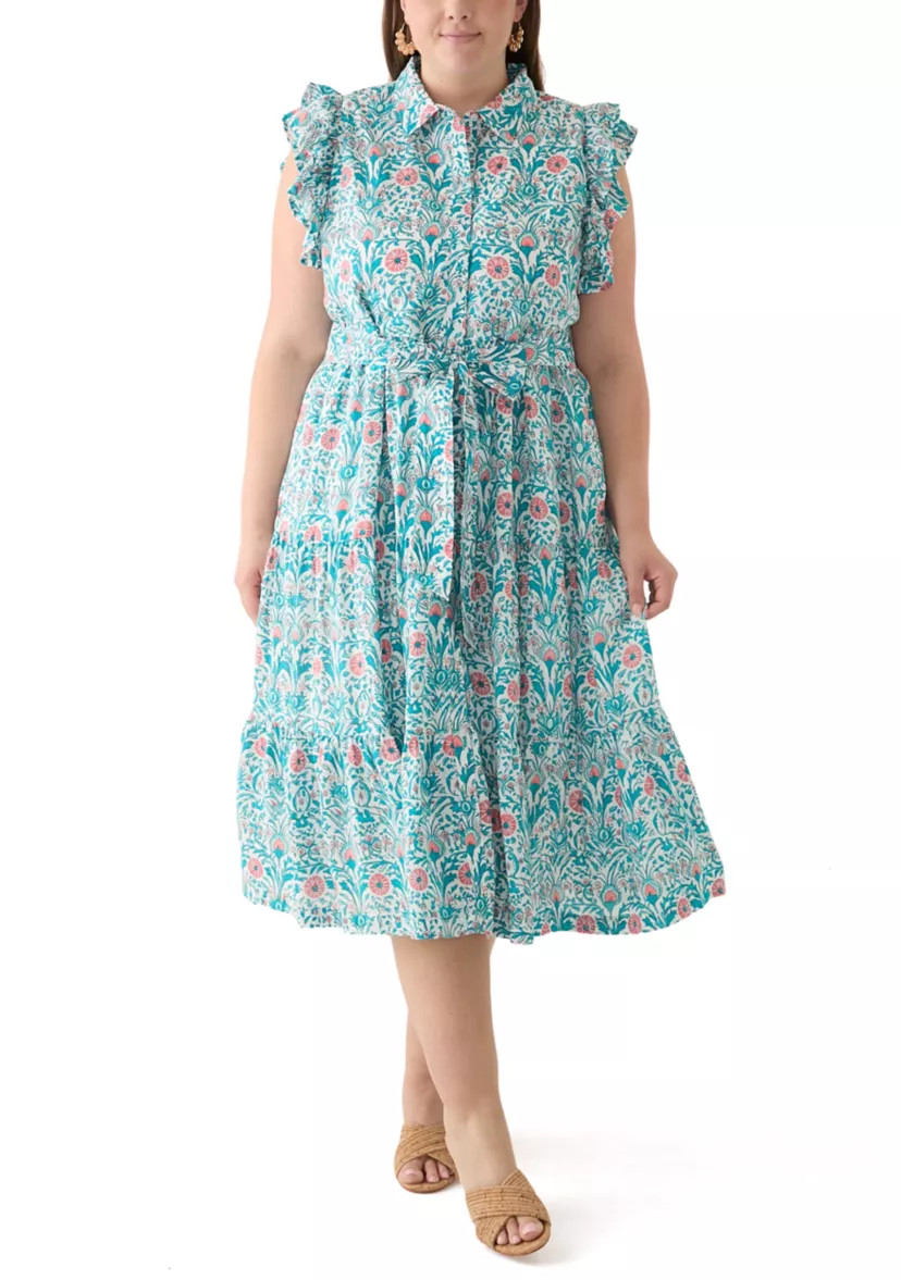 Plus Size Short Flutter Sleeve Printed Midi Dress | Belk