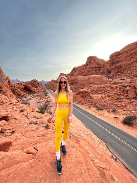 Yellow leggings and sports bra set with my Raybans and Merell trail running shoes for my hiking outfit in Valley of Fire Utah 

#LTKtravel #LTKfit #LTKunder100